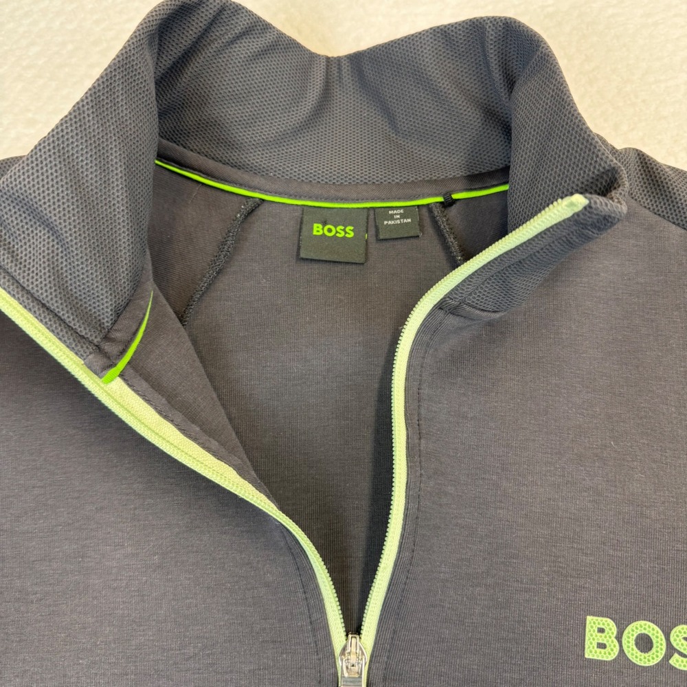 BOSS Men Sweatshirt Quarter Zip Pullover Charcoal Green Logo Athleisure Size L - Picture 3 of 8